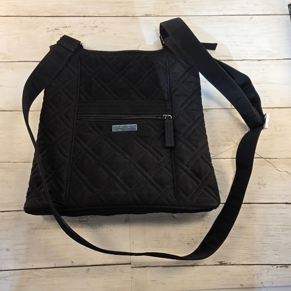 Vera Bradley Handbags - Vera Bradley Black Quilted Microfiber Crossbody Bag Adjustable Strap Zip Pocket